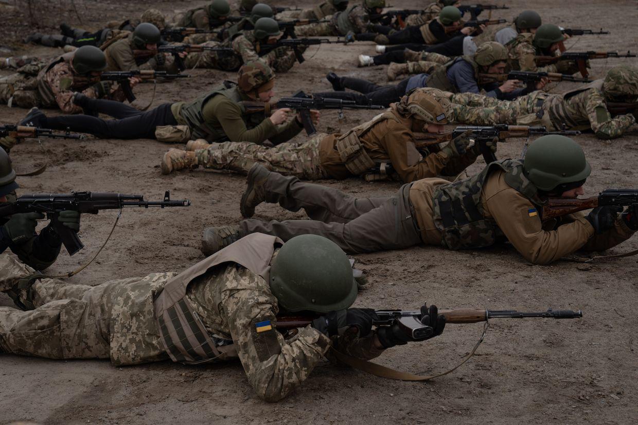 Trainees during a training session organized by the Third Separate Assault Brigade in Kyiv, Ukraine, on March 15, 2024. 