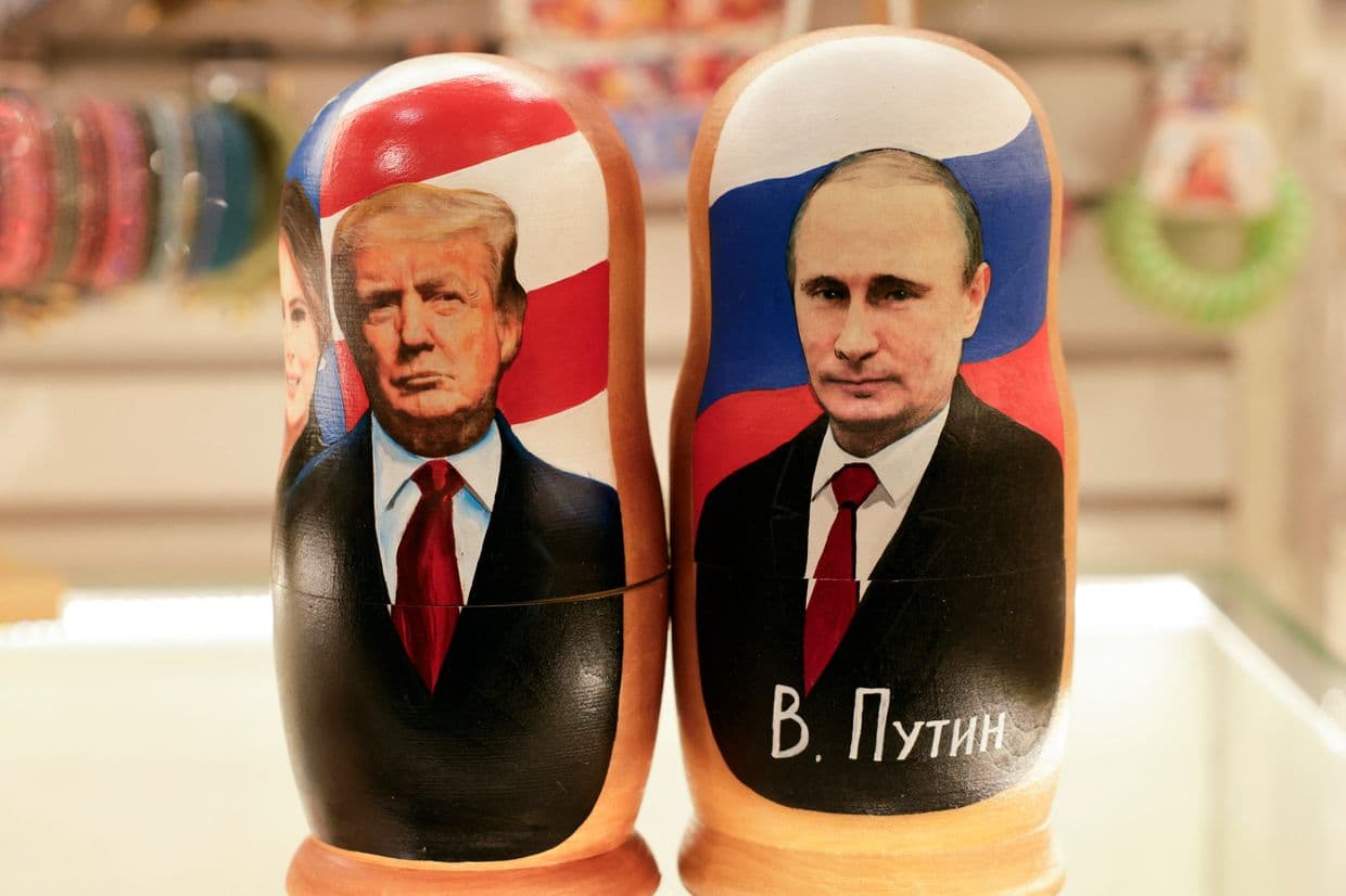 Matryoshka dolls with Donald Trump (L) and Vladimir Putin (R) in Moscow, Russia, on Feb. 13, 2025.