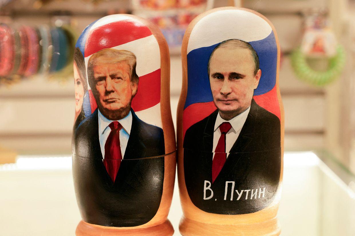 Matryoshka dolls with Donald Trump (L) and Vladimir Putin (R) in Moscow, Russia, on Feb. 13, 2025.