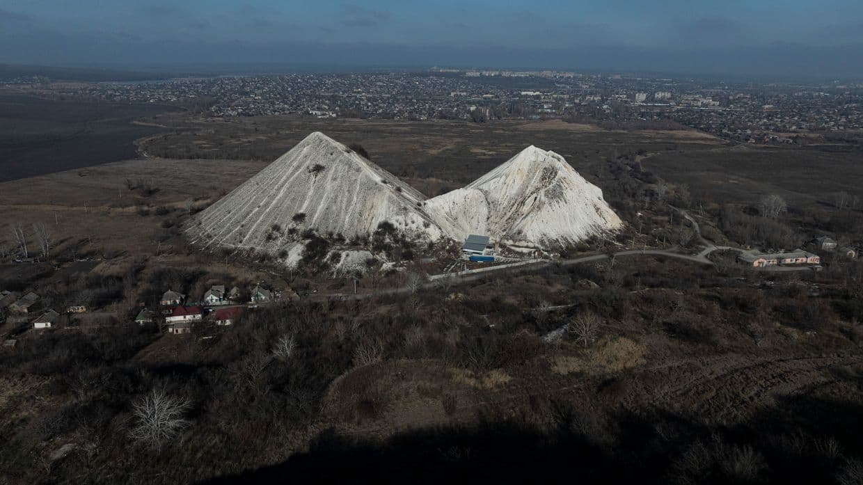 A chalk quarry on Mount Karachun is seen in front of Sloviansk, Donetsk Oblast, Ukraine, on Feb. 9, 2025.