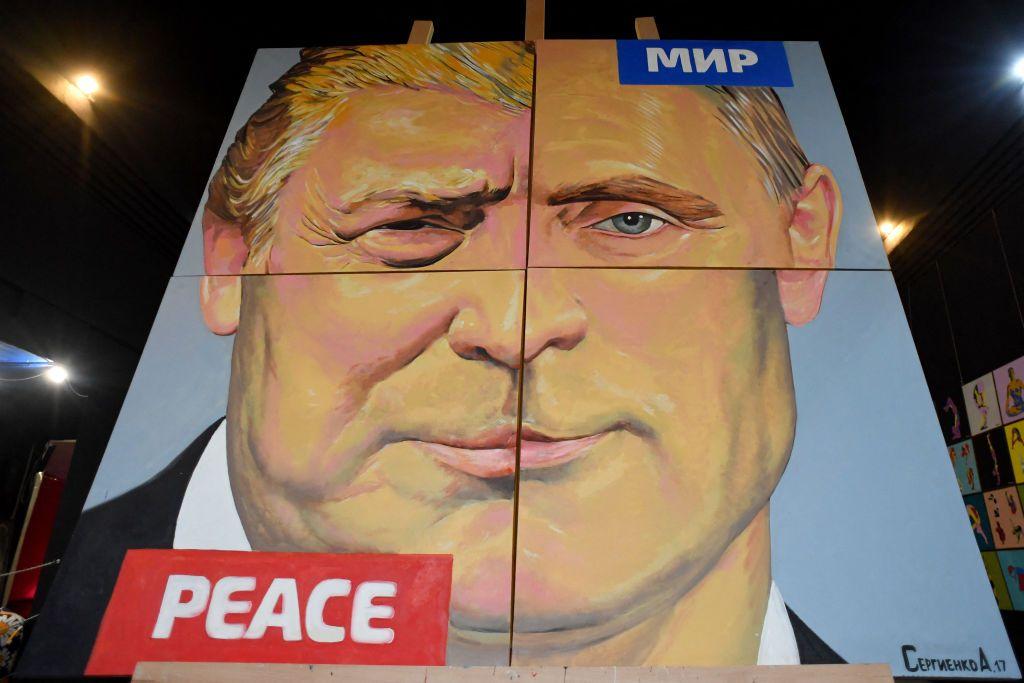 A painting of the faces of Vladimir Putin and Donald Trump in Saint Petersburg, Russia, on March 12, 2025.