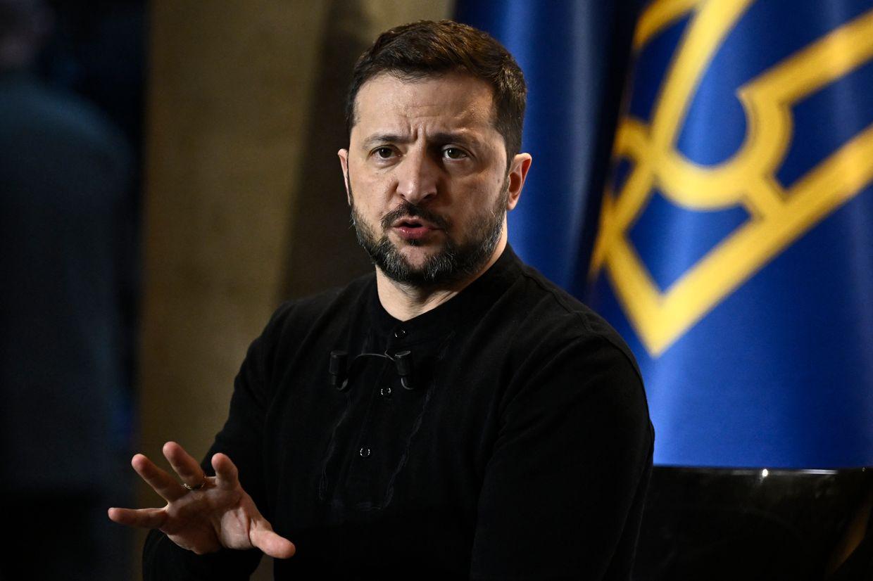 President Volodymyr Zelensky delivers a press conference in Paris, France, on March 27, 2025. 