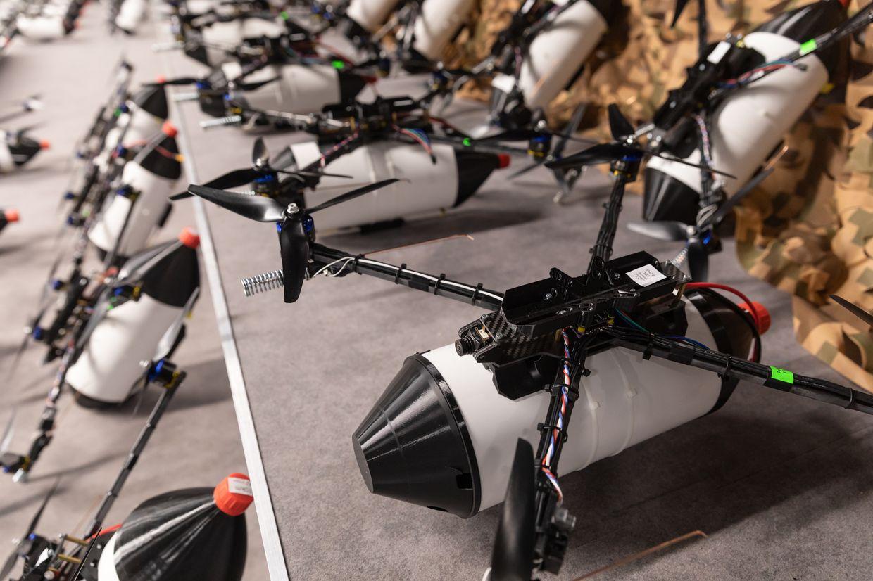 A batch of fiber-optic-controlled FPV drones in Kyiv, Ukraine, on April 1, 2025. 