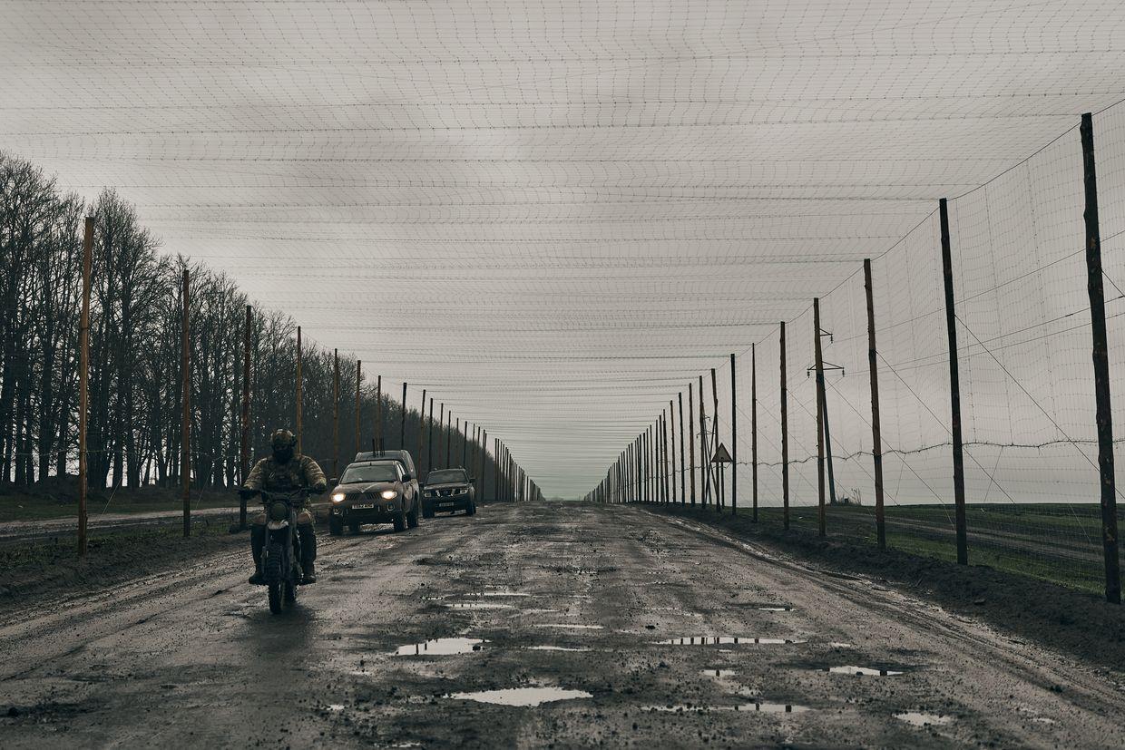  netting to protect against FPV kamikaze drones in Sumy Oblast, Ukraine, on April 4, 2025.