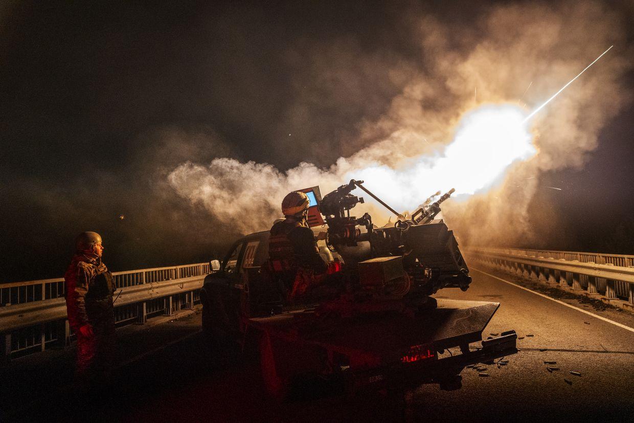 Soldiers of the 115th Brigade fire at drones in the Lyman area, Donetsk Oblast, Ukraine, on April 24, 2025. 
