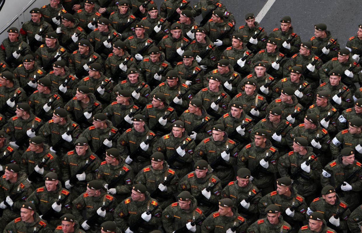 Russian military cadets march during a rehearsal for the Victory Day parade in Moscow, Russia, on May 4, 2023.