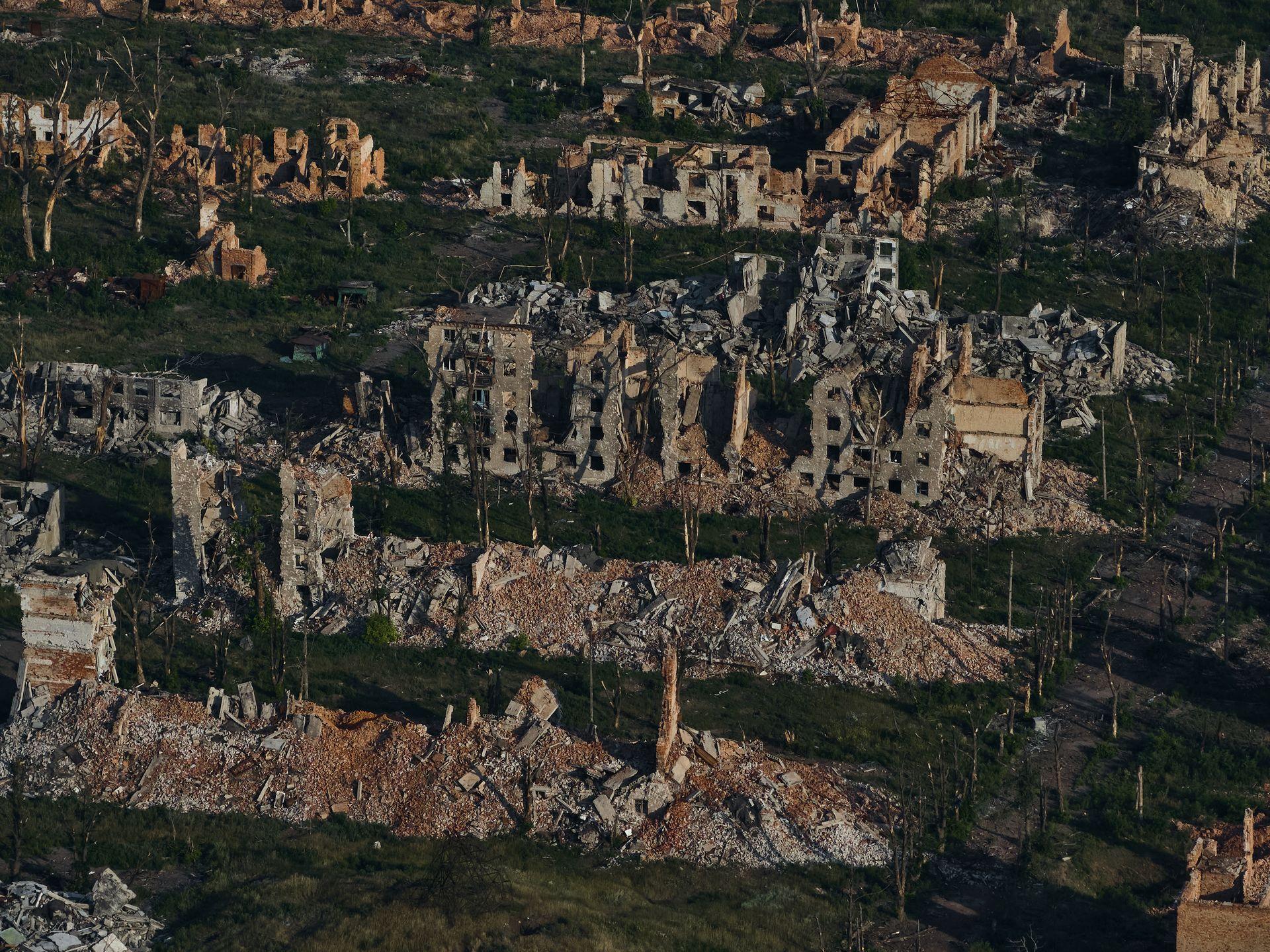 the ruins of destroyed buildings are seen in the town of Chasiv Yar, Donetsk Oblast, Ukraine, on July 24, 2025. 