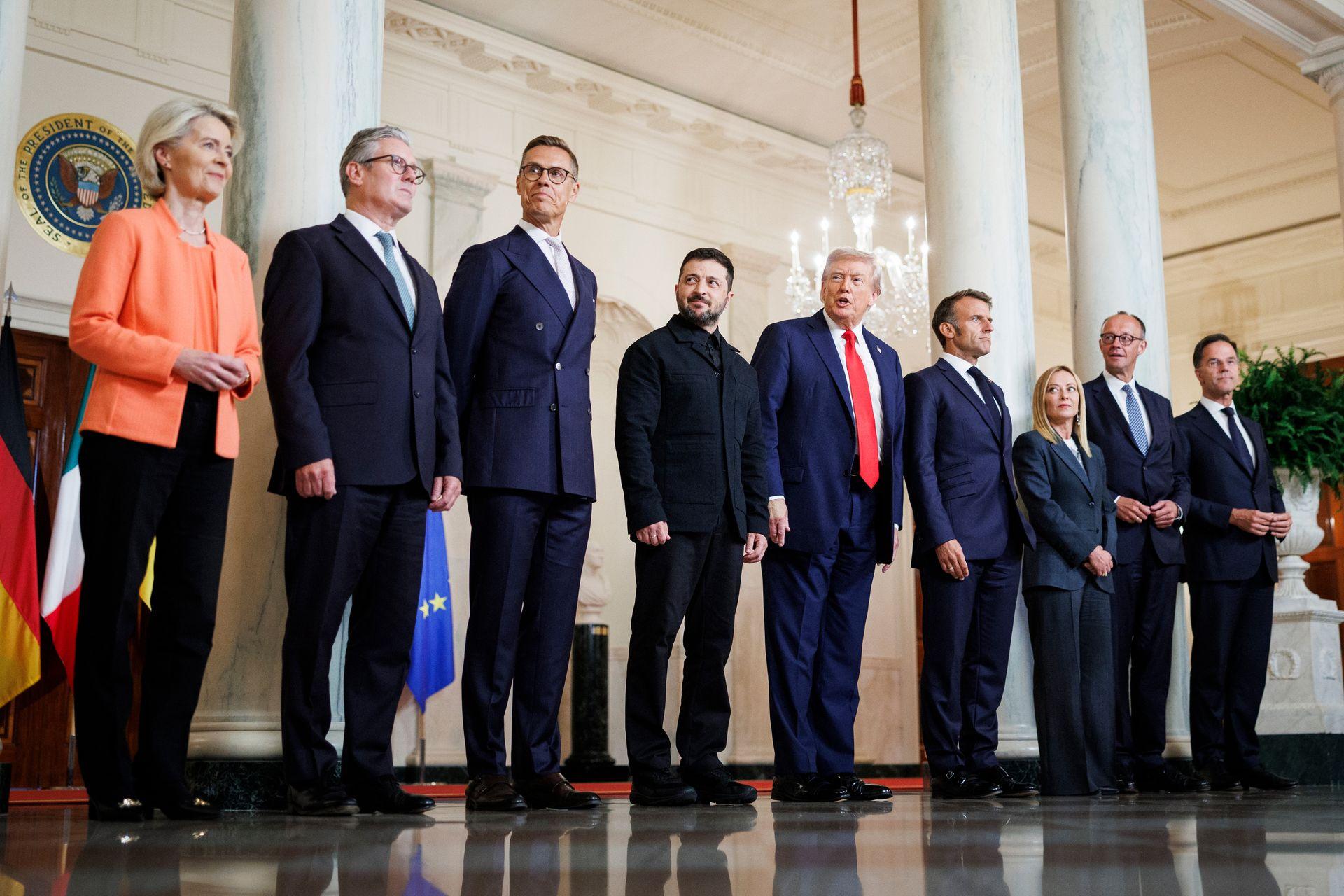 Donald Trump and President Volodymyr Zelensky stand with European leaders in Washington, D.C., U.S. on Aug. 18, 2025.