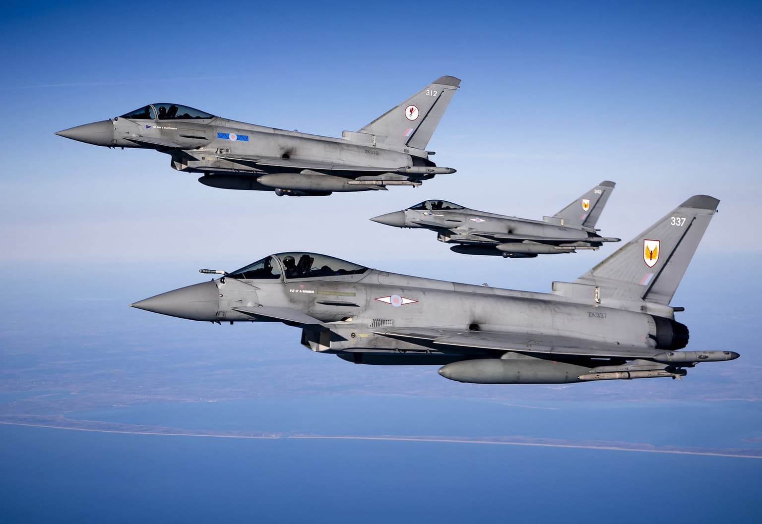 Eurofighter jets from the United Kingdom fly over the North Sea on April 2, 2025. 