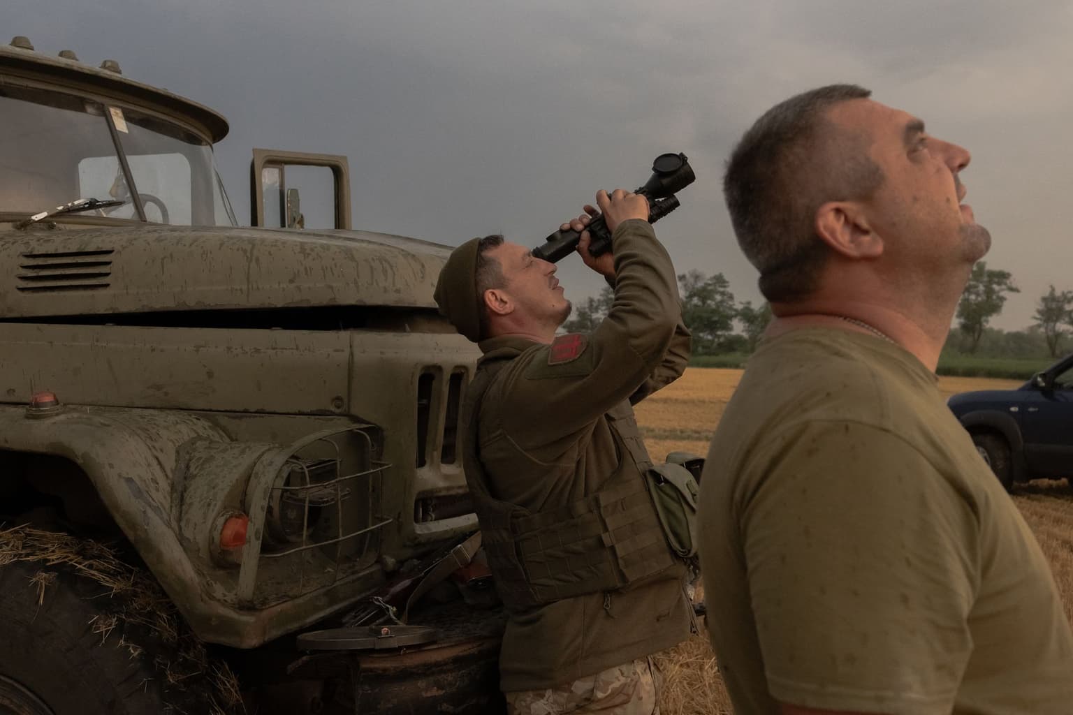 A Ukrainian serviceman monitors the sky near Pavlohrad, Dnipropetrovsk Oblast, Ukraine, on July 19, 2025.