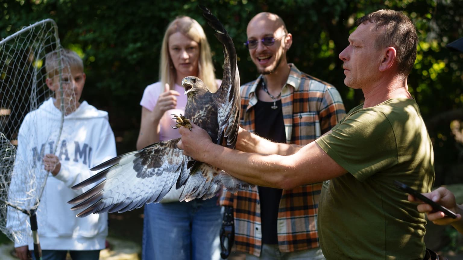 Visitors at the Free Wings rehabilitation center in Kozhychi, Lviv Oblast, Ukraine, on Aug. 27, 2025