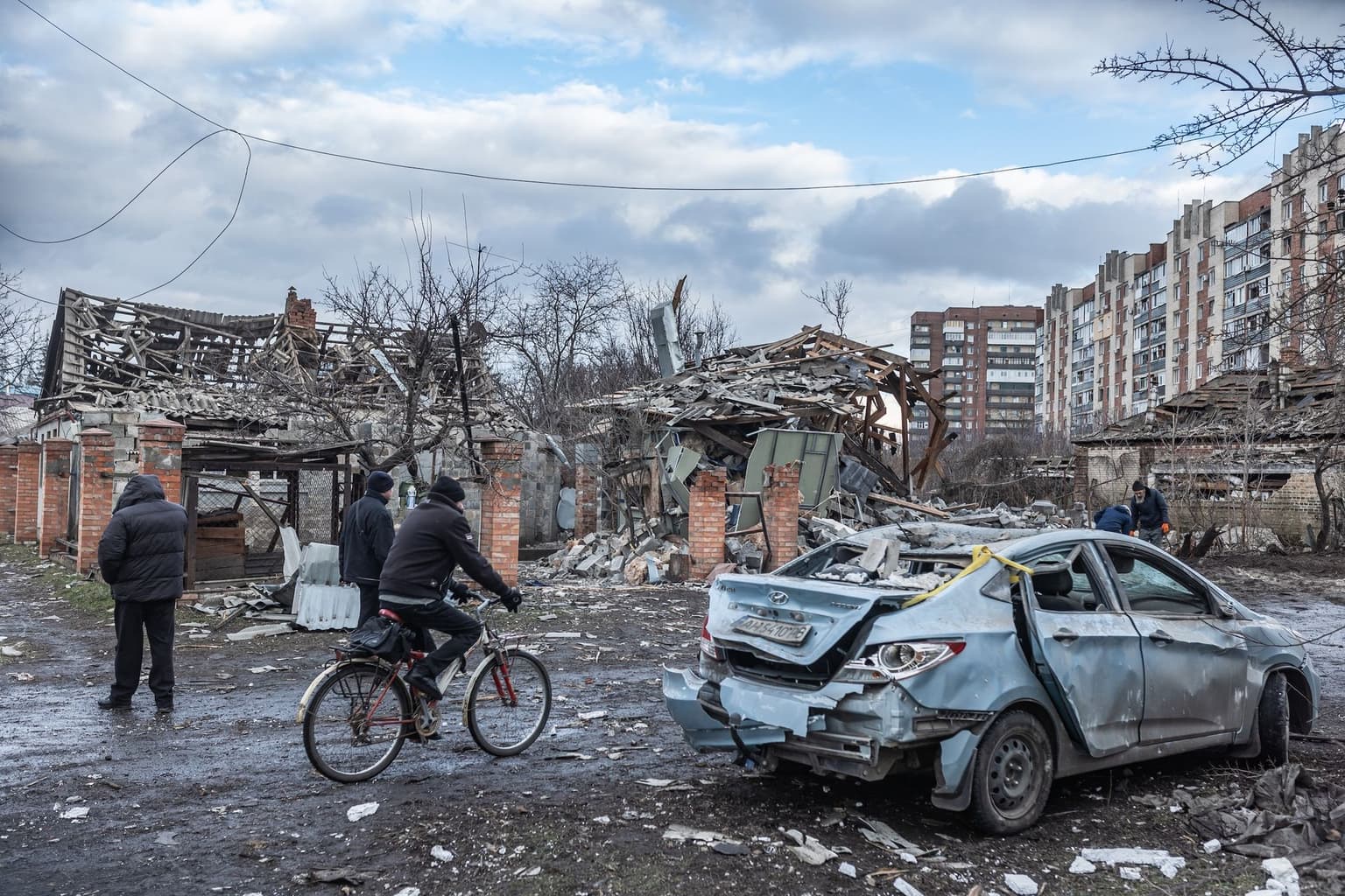 A heavily damaged houses and car after a Russian bomb strike in Sloviansk, Ukraine.