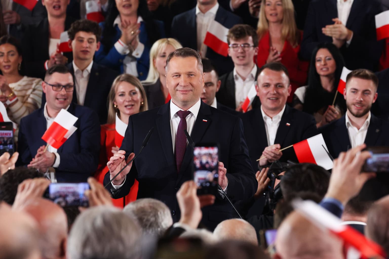 Przemysław Czarnek (C) attends a Law and Justice (PiS) party convention in Kraków, Poland, on March 7, 2026.