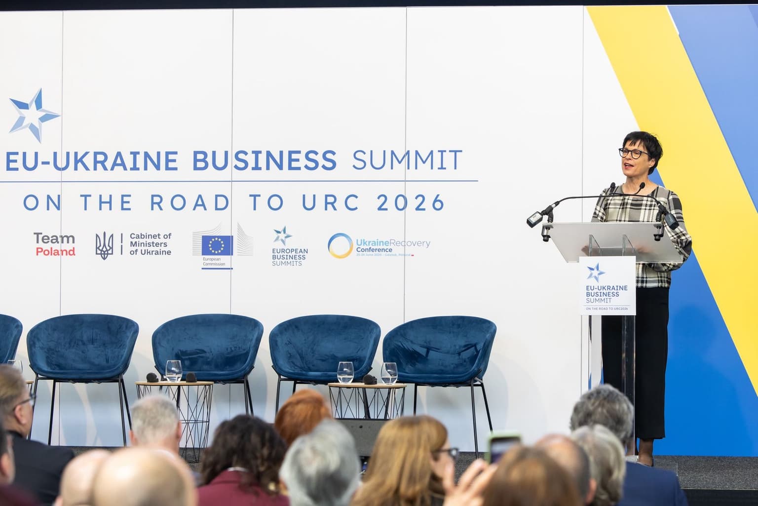 Marta Kos speaking at the EU-Ukraine Business Summit on April 22, 2026