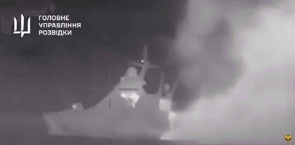 Screenshot of the video of the attack on the Russian patrol ship Sergey Kotov.