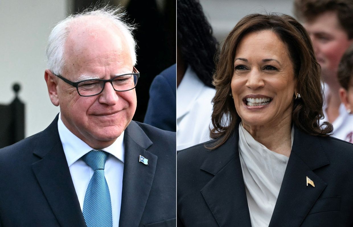 This combination of pictures shows US Vice President Kamala Harris and Governor of Minnesota Tim Walz