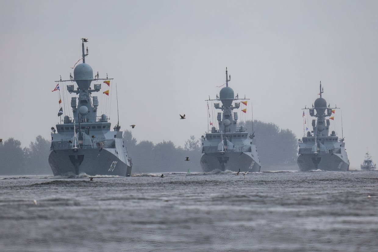 Russian naval ships take part in the rehearsal of the Naval Parade