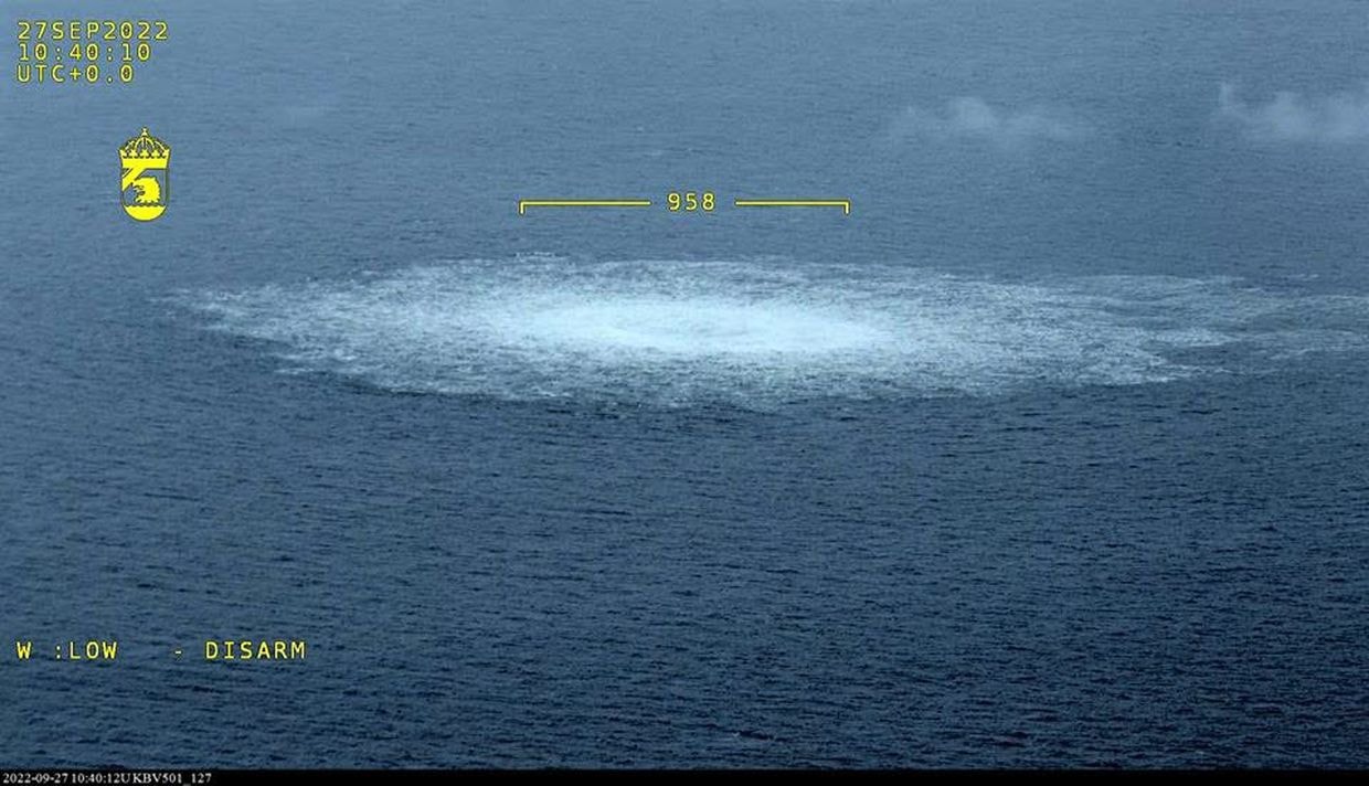 Nord Stream 2 pipeline in the Baltic Sea are seen on Sept. 27, 2022