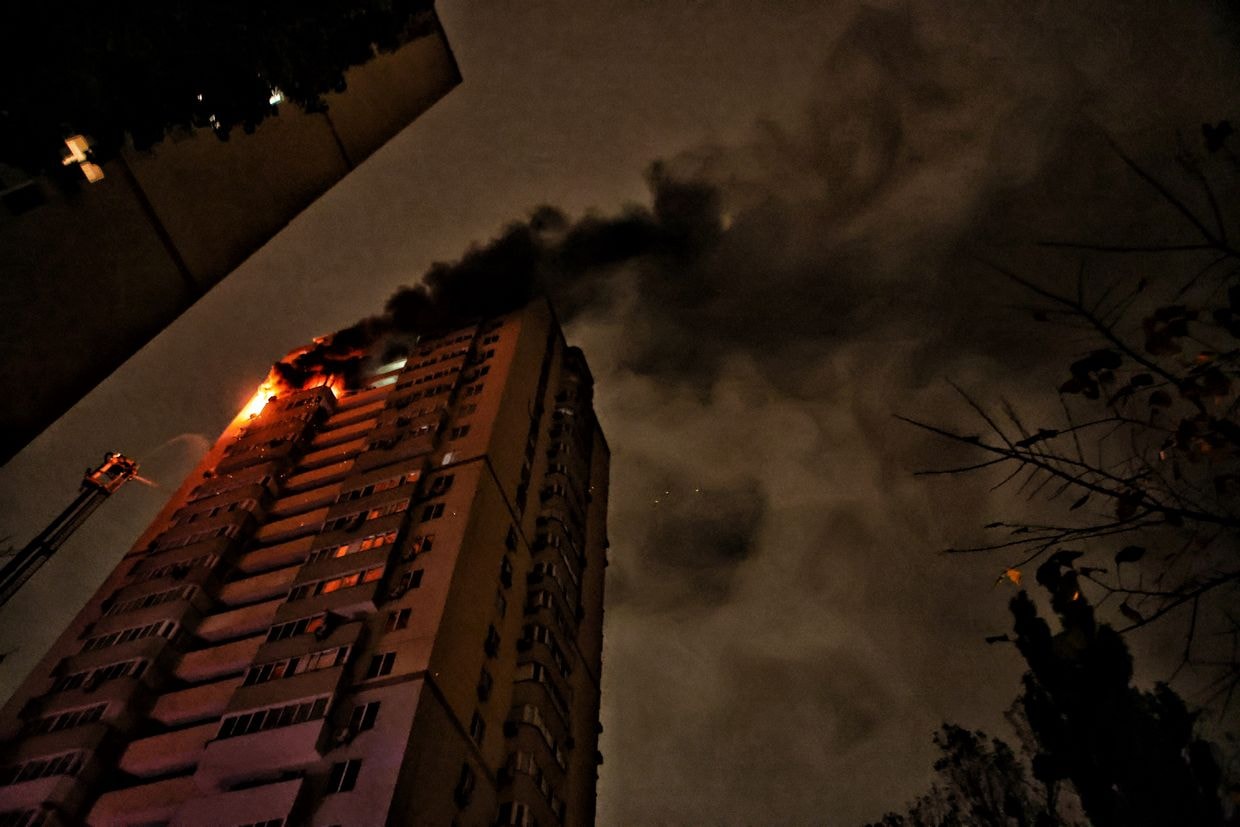 A residential building is on fire after a Russian drone attack in Kyiv, Ukraine on Oct. 25, 2024. 