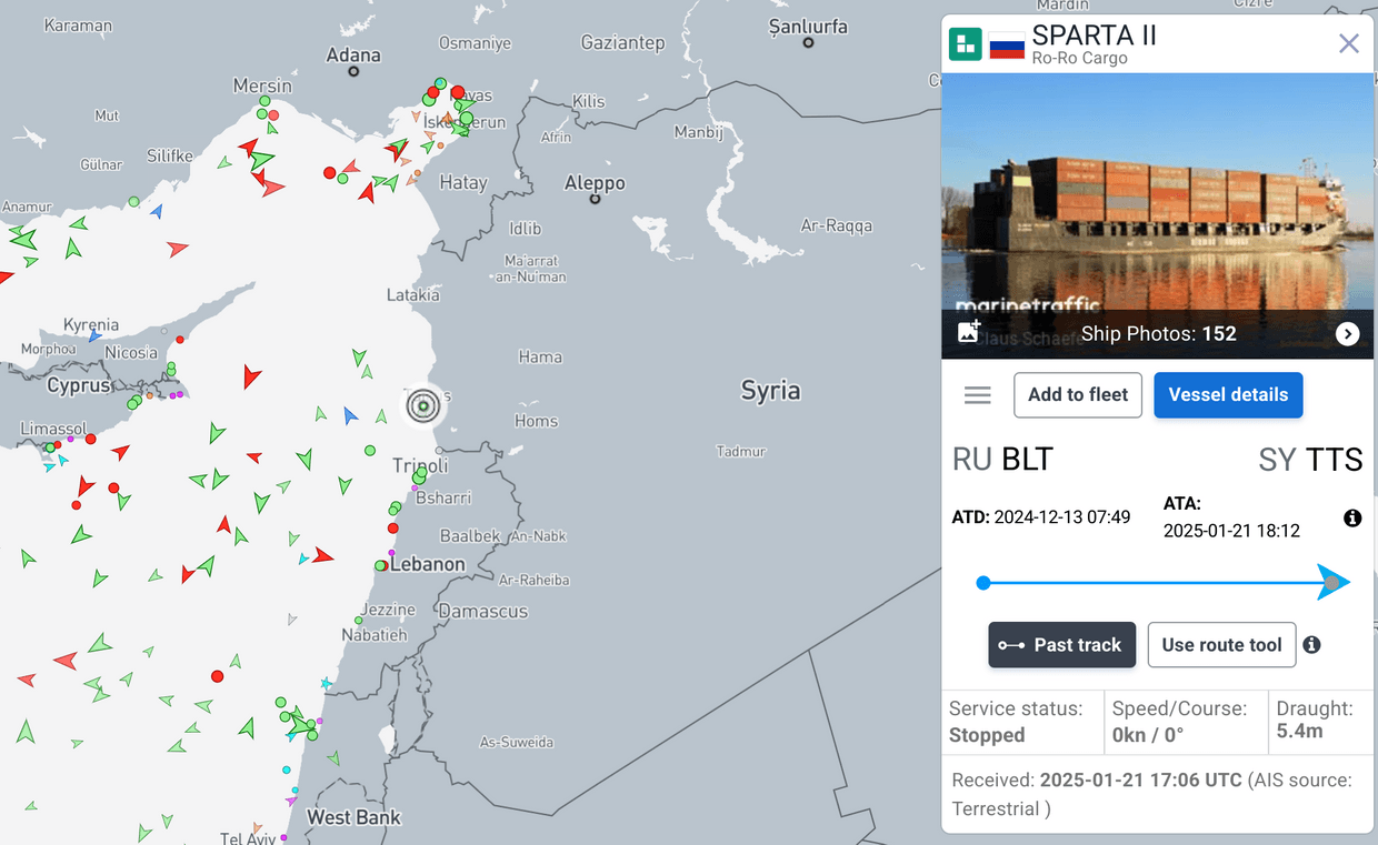 Russian cargo ship Sparta II docks in Syria after weeks drifting at sea, tracking data shows