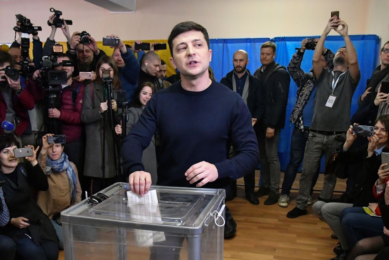 Then-presidential candidate Volodymyr Zelensky casts his ballot at a polling station in Kyiv, Ukraine, on March 31, 2019.