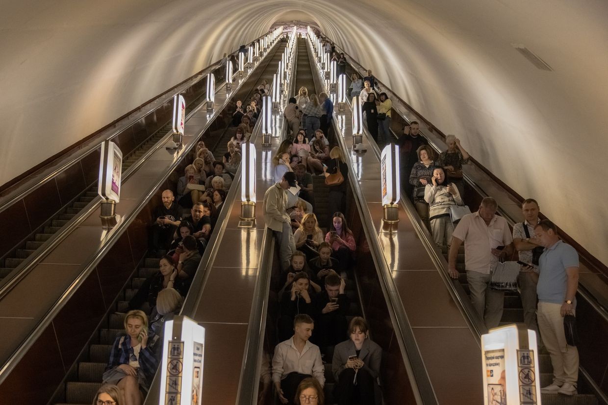 shelter in a subway station during a Russian missile attack in Kyiv, Ukraine, on May 29, 2023