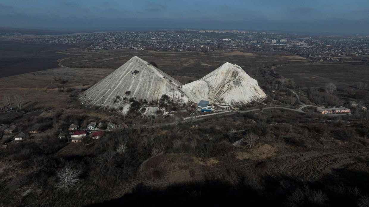 A chalk quarry on Mount Karachun is seen in front of Sloviansk, Donetsk Oblast, Ukraine, on Feb. 9, 2025.