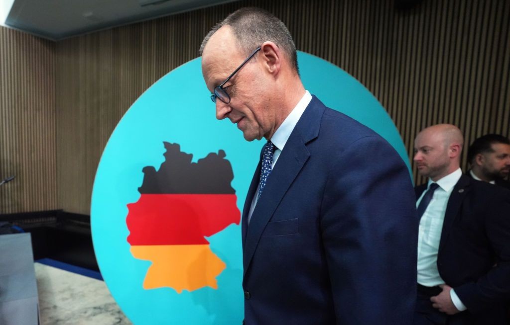 Friedrich Merz, CDU federal chairman and CDU/CSU parliamentary group leader in the Bundestag, arrives at a press conference on Feb. 24, 2025, in Berlin, Germany. (Marcus Brandt/picture alliance via Getty Images)
