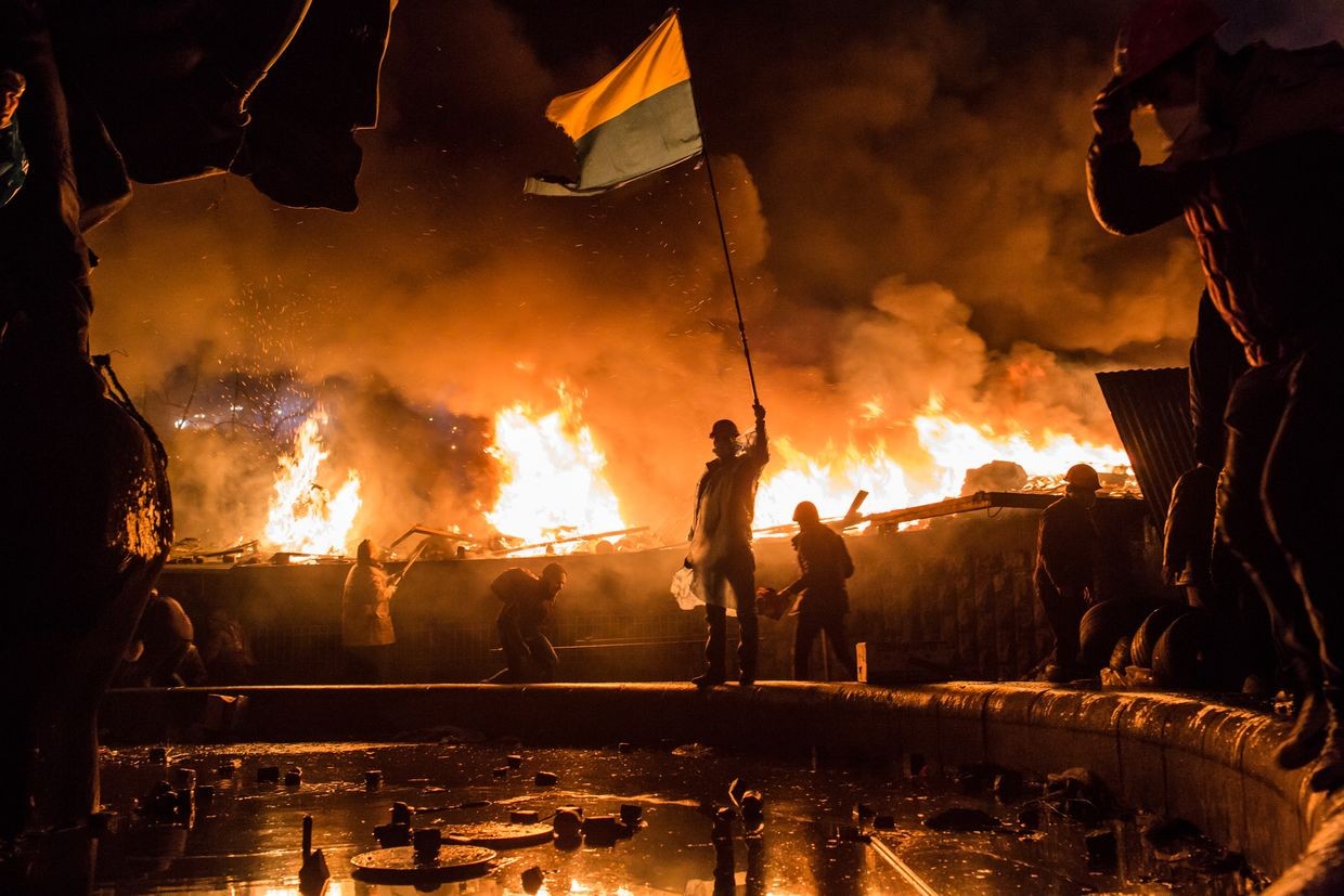Protesters guard the perimeter of Independence Square in Kyiv, Ukraine, on Feb. 19, 2014.