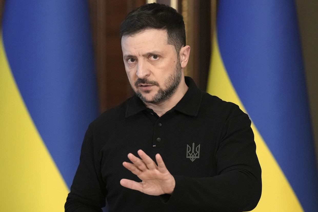 President Volodymyr Zelensky speaks at a news conference in Kyiv, Ukraine, on April 17, 2025.