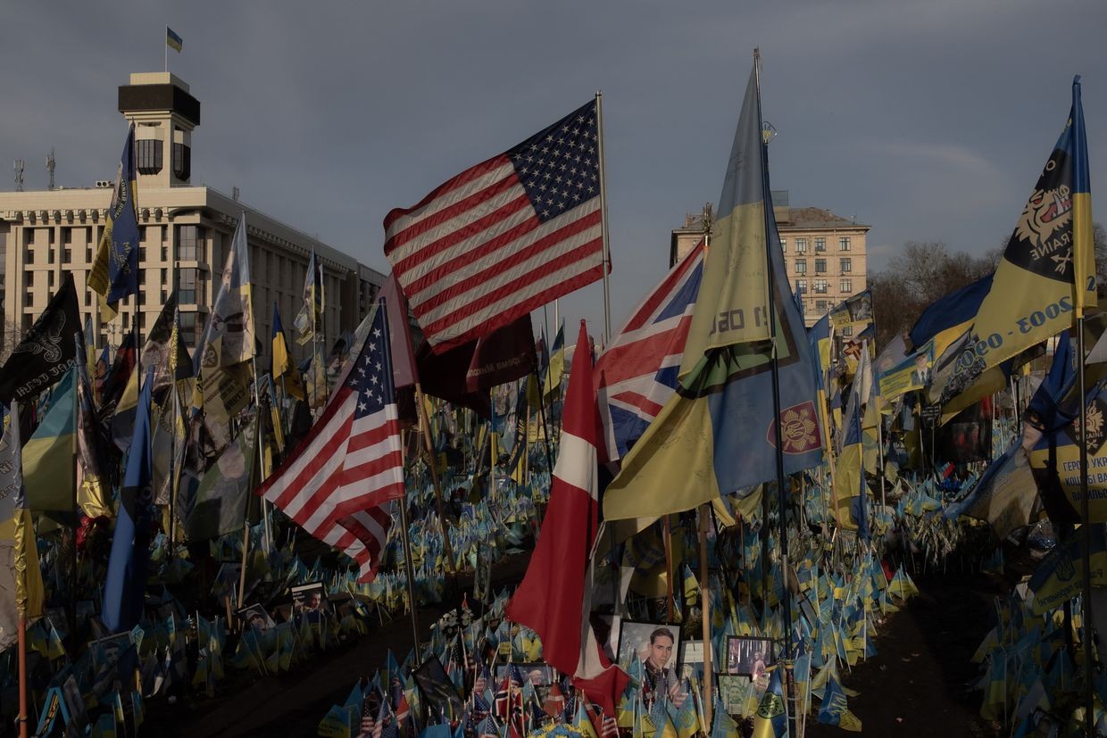 A makeshift memorial for fallen Ukrainian and foreign fighters on Independence Square in Kyiv, Ukraine, on March 4, 2025ю