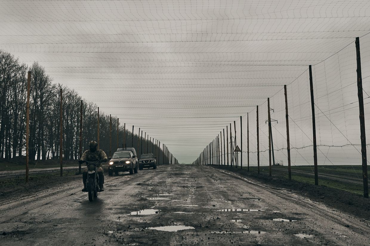  netting to protect against FPV kamikaze drones in Sumy Oblast, Ukraine, on April 4, 2025.