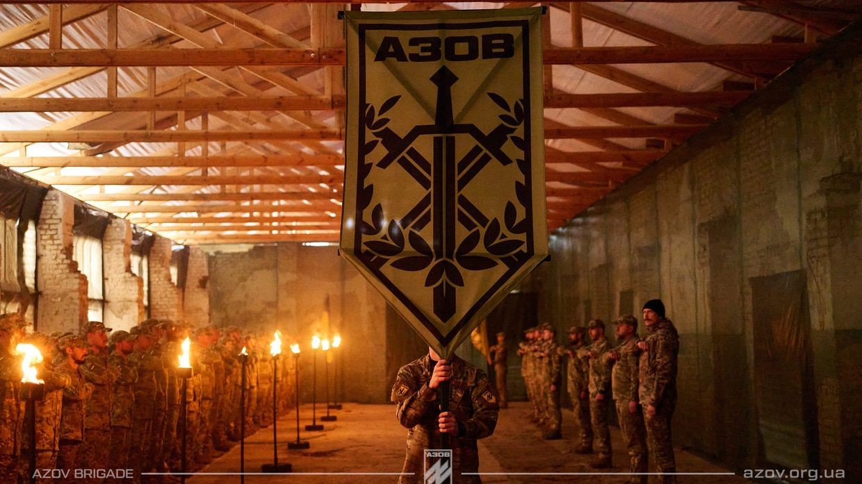 The international battalion of the 12th Azov Brigade receives a battle banner in a photo published on May 1, 2025.