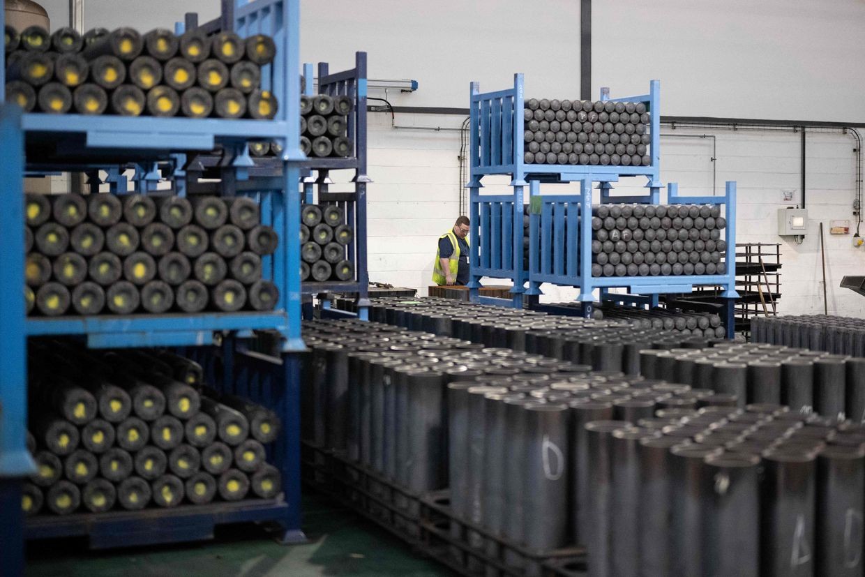 155mm artillery shell casings during manufacturing at the BAE Systems factory in United Kingdom, on Nov. 8, 2023. 