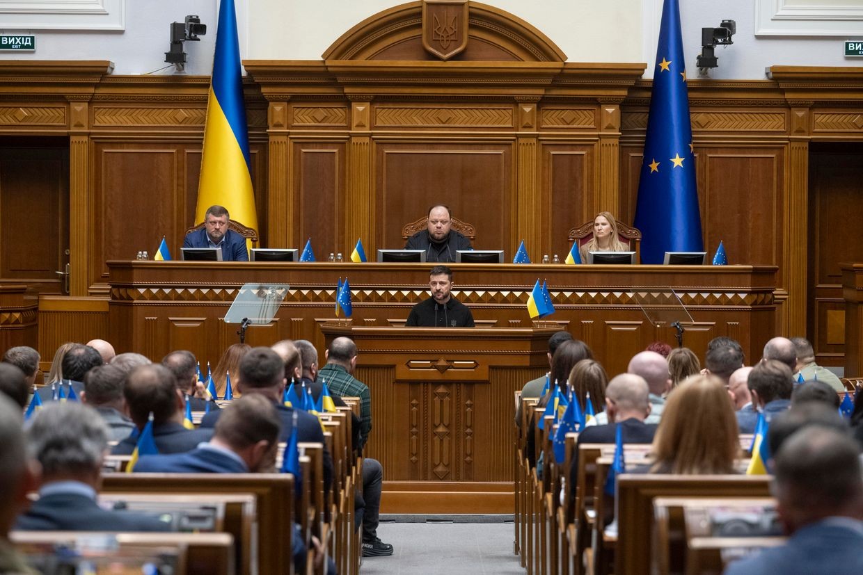 President Volodymyr Zelensky at the Verkhovna Rada in Kyiv, Ukraine, on Oct. 16, 2024. 