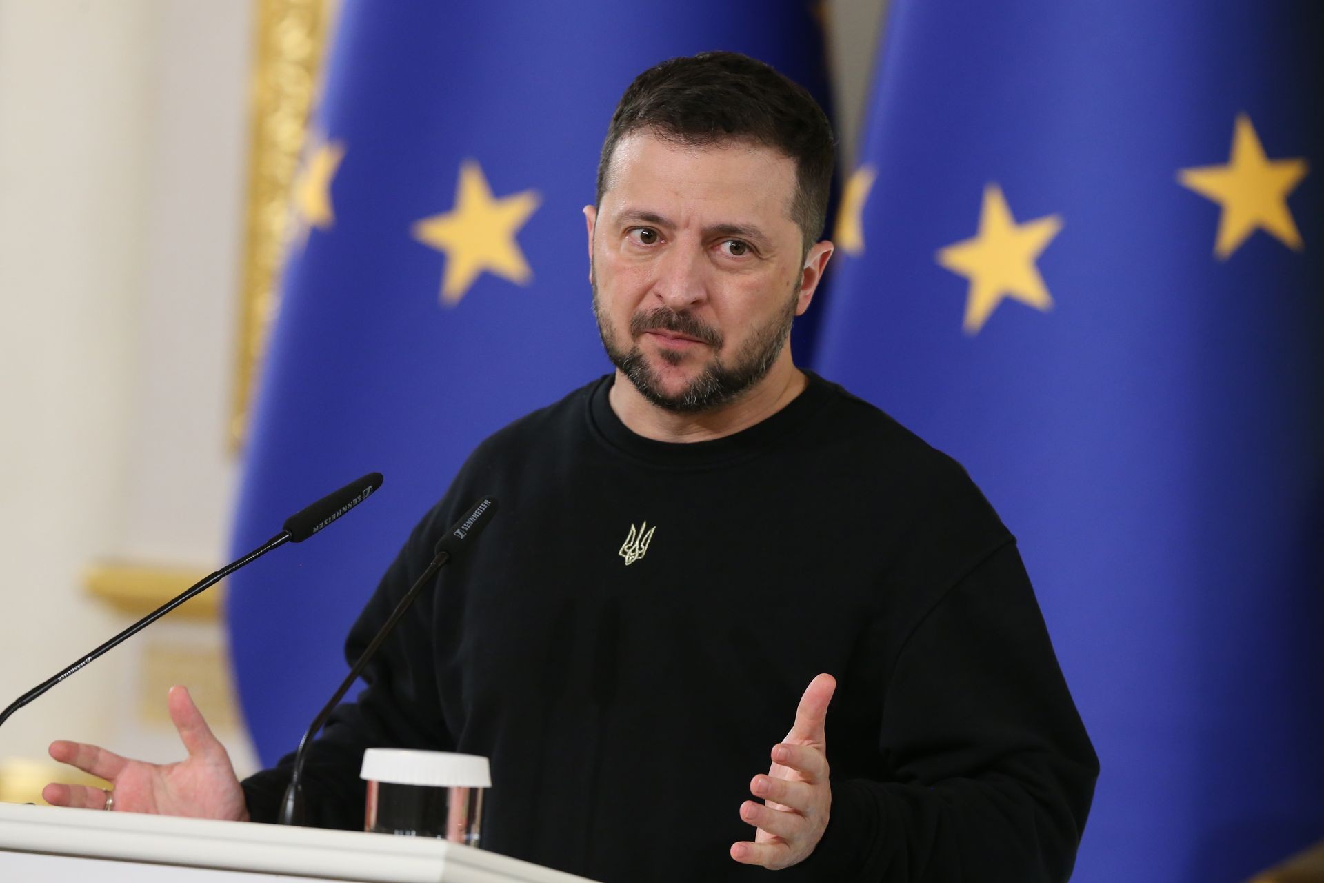 President Volodymyr Zelensky during a press conference in Kyiv, Ukraine, on Nov. 21, 2023. 