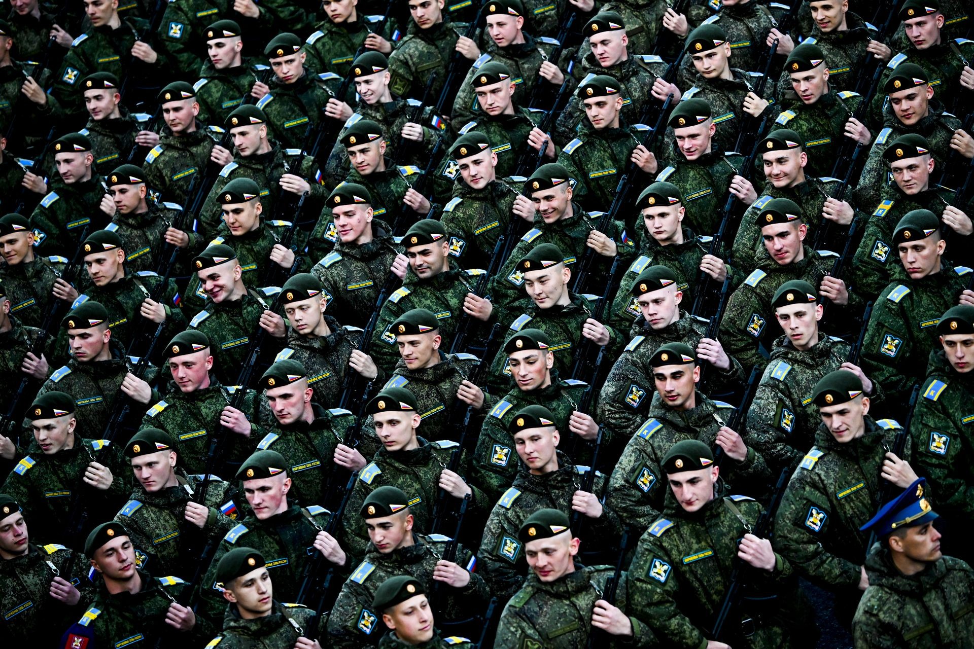 Russian soldiers during the rehearsal of Victory Day military parade at Red Square in Moscow, Russia on April 29, 2025 (Sefa Karacan/Anadolu via Getty Images)