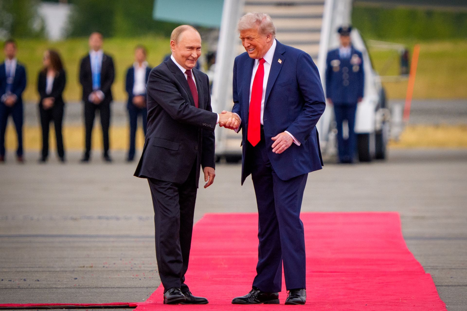 U.S. President Donald Trump (R) greets Russian President Vladimir Putin (L) in Anchorage, Alaska, on Aug. 15, 2025.