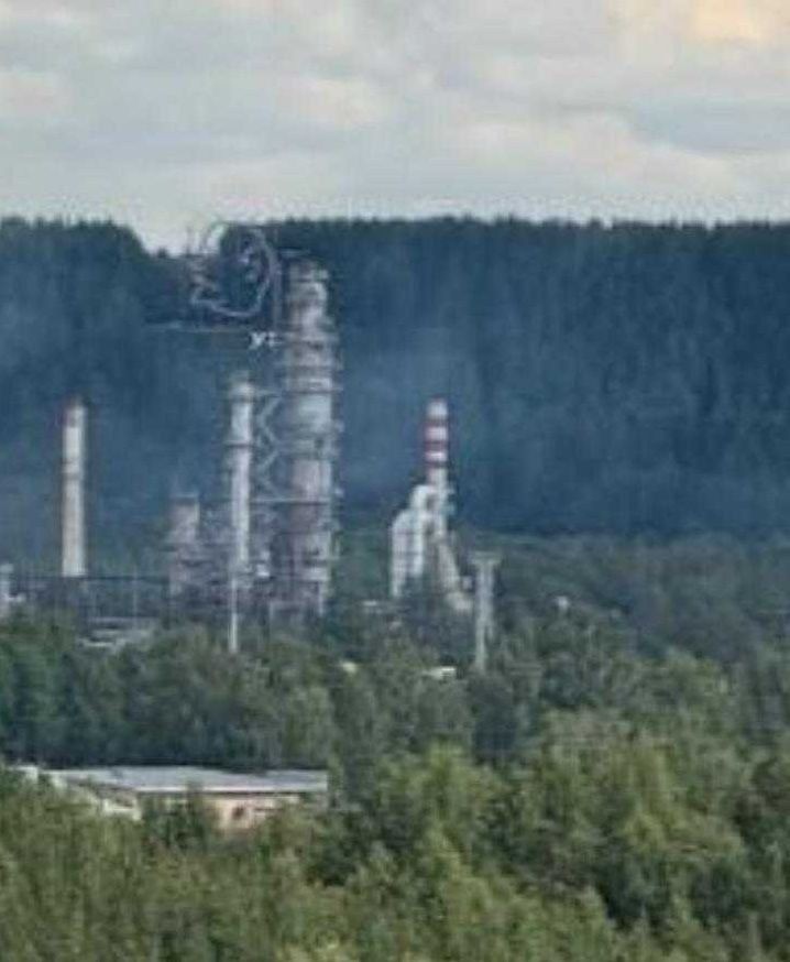 The Lukoil-Ukhta refinery, located in the town of Ukhta in Russia's Komi Republic, amid a Ukrainian drone attack on Aug. 10, 2025. (HUR)