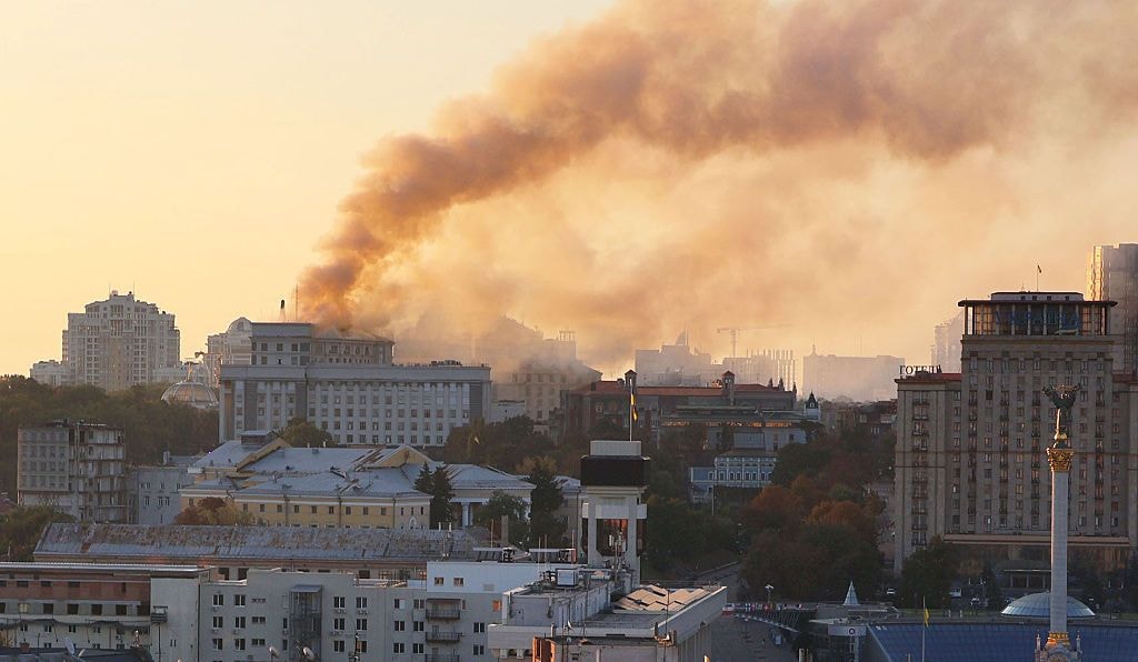 Smoke rises near government buildings in Kyiv on Sept. 7, 2025, following a large-scale Russian drone and missile attack overnight. The attack hit the building of the Cabinet of Ministers of Ukraine for the first time during the full-scale war. (Photo by Kyodo News via Getty Images)