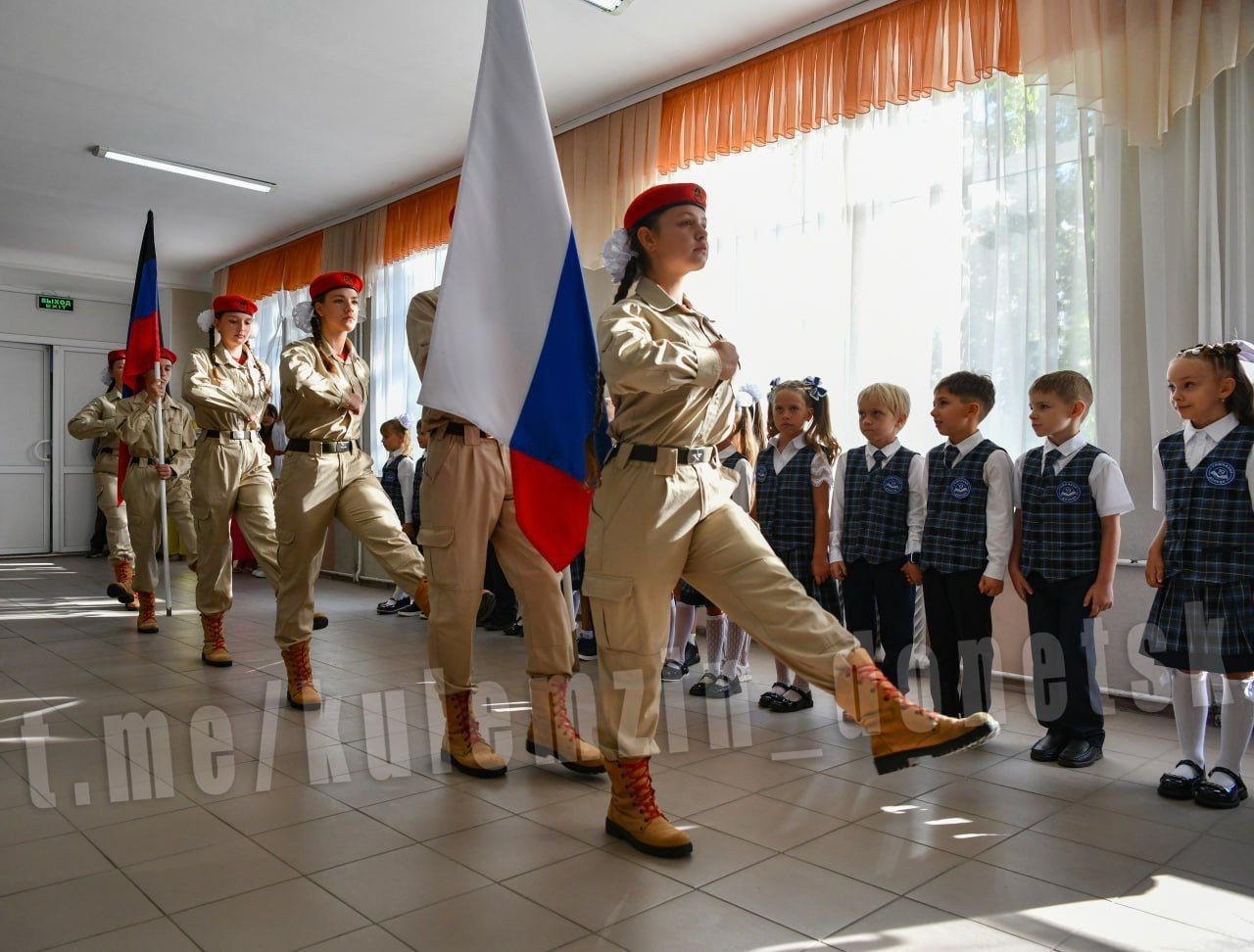 Russia’s Young Army takes part in school festivities in Russian-occupied part of Donetsk Oblast, Ukraine, on Sept. 1, 2025.