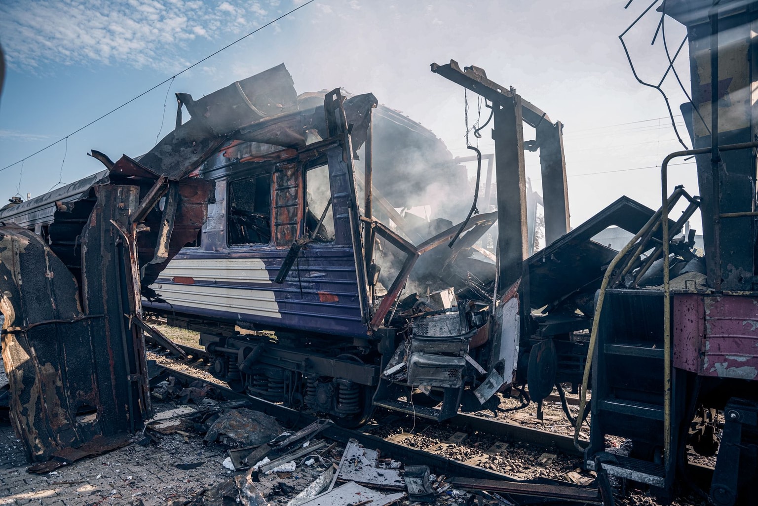 Passenger train car, hit by a Russian drone, in Shostka, Sumy Oblast, Ukraine, on Oct. 4, 2025. 
