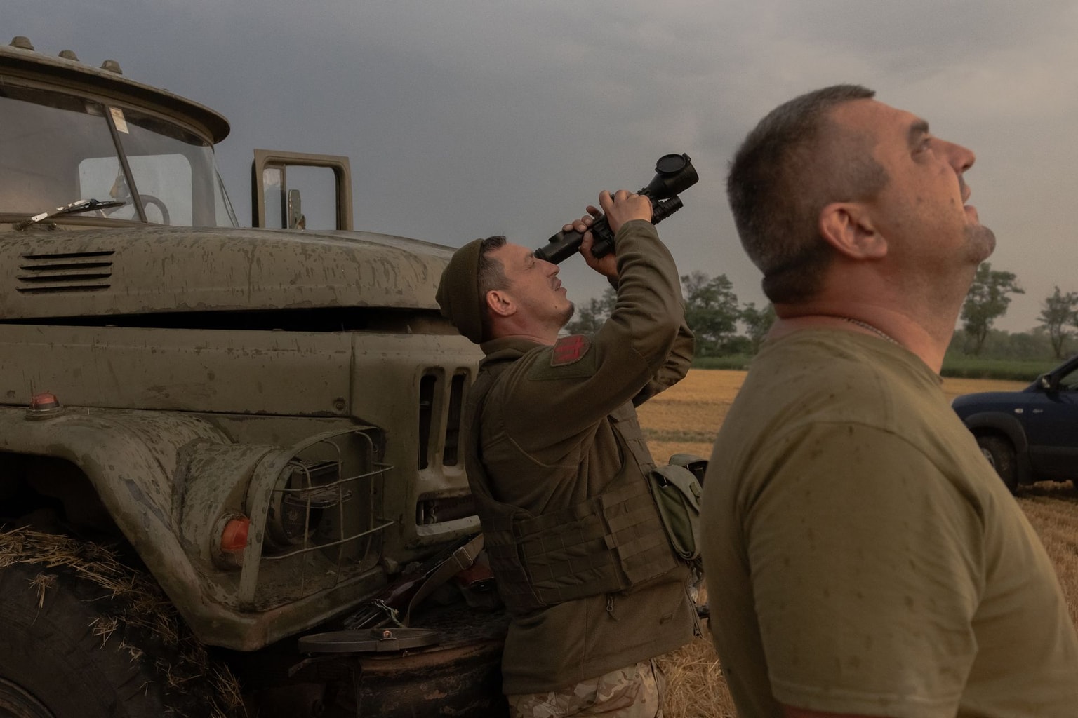 A Ukrainian serviceman monitors the sky near Pavlohrad, Dnipropetrovsk Oblast, Ukraine, on July 19, 2025.