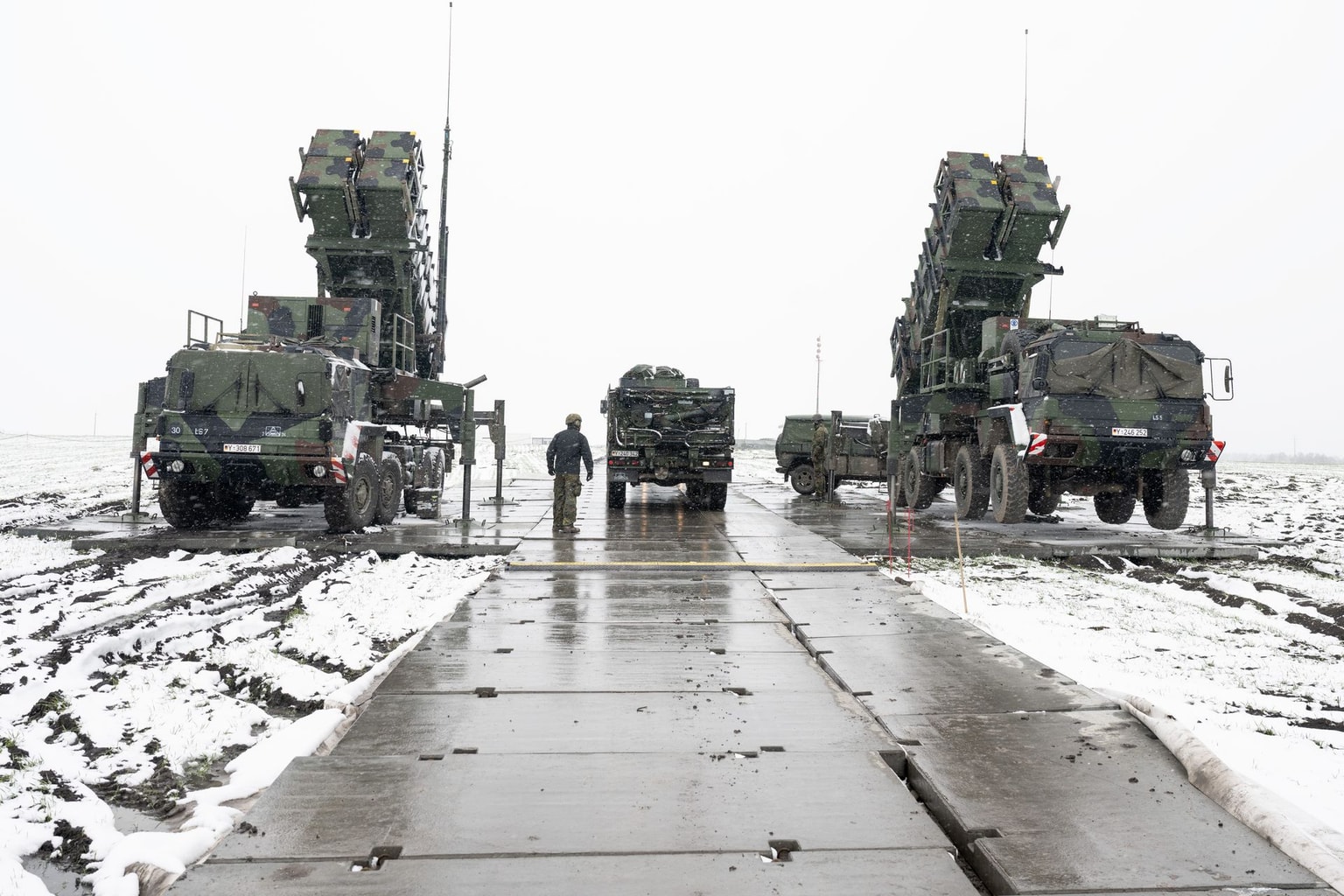 Launchers of the Bundeswehr’s Patriot air defense system stand in Poland, on April 3, 2023.