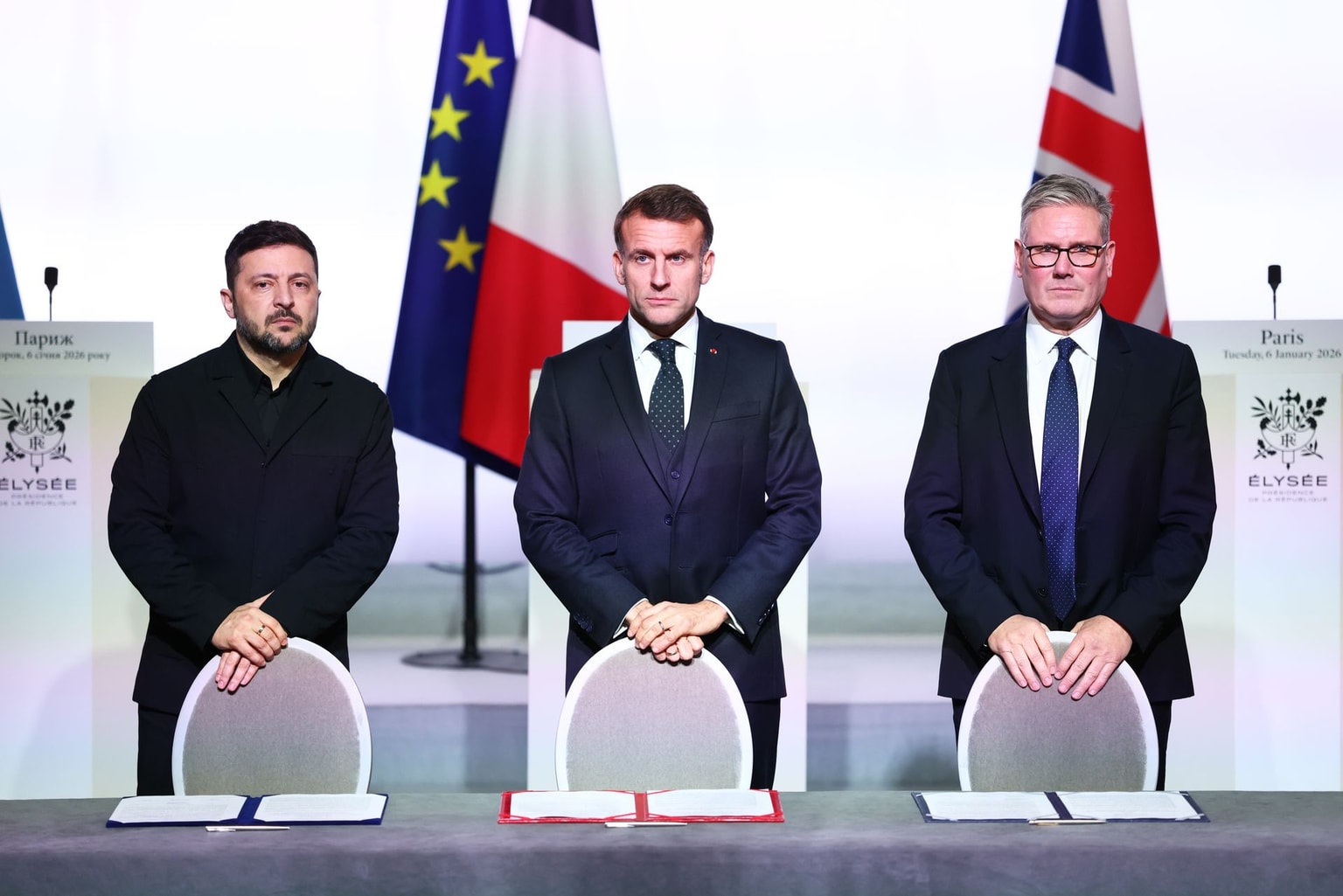 President Volodymyr Zelensky, French President Macron, and British Prime Minister Starmer in Paris, France, on Jan. 6, 2026