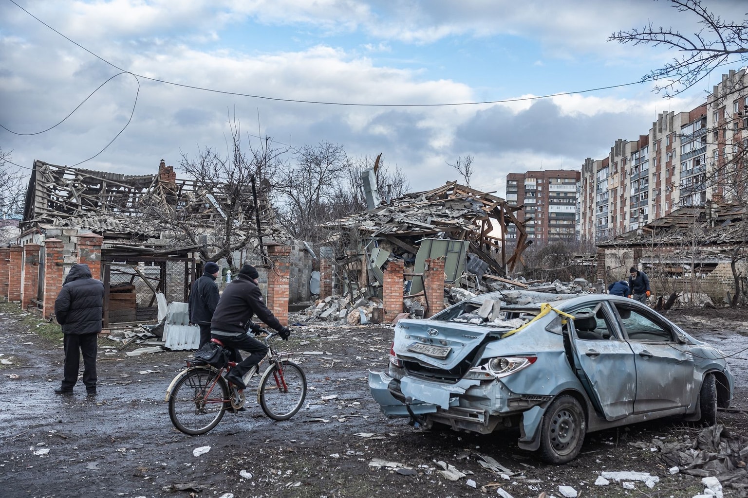 A heavily damaged houses and car after a Russian bomb strike in Sloviansk, Ukraine.