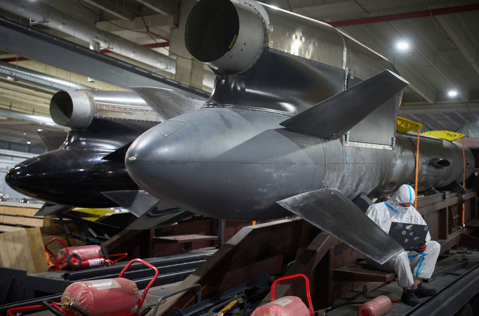 Workers inspect Flamingo cruise missiles at Fire Point’s secret factory in Ukraine, on Aug. 18, 2025.