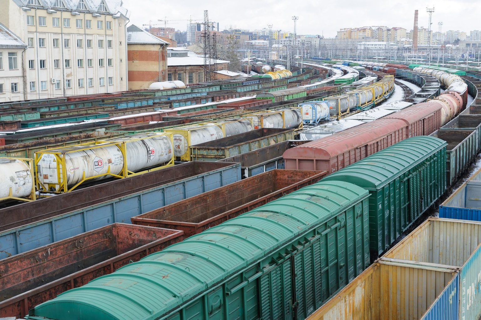 Trains and freight wagons stand on railway tracks at Lviv Railway Station in Lviv, Ukraine, on Jan. 18, 2022.