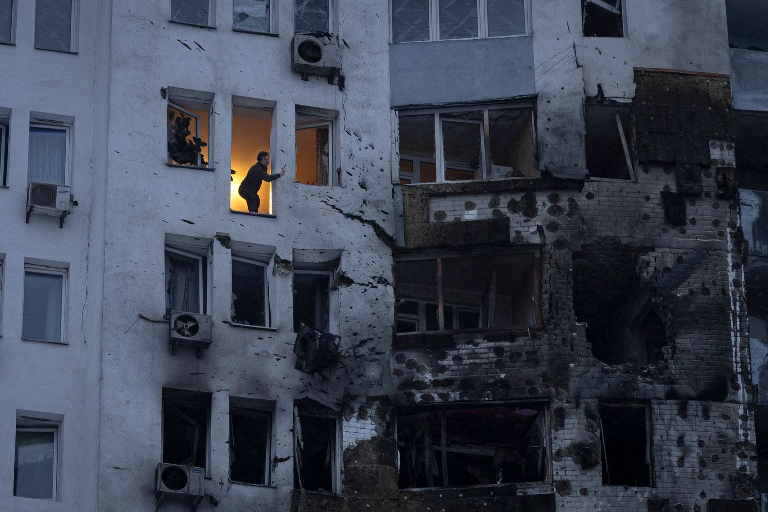 Aftermath of the Russian attack on a residential apartment building from his window in Kyiv, Ukraine, on Jan. 9, 2026. 