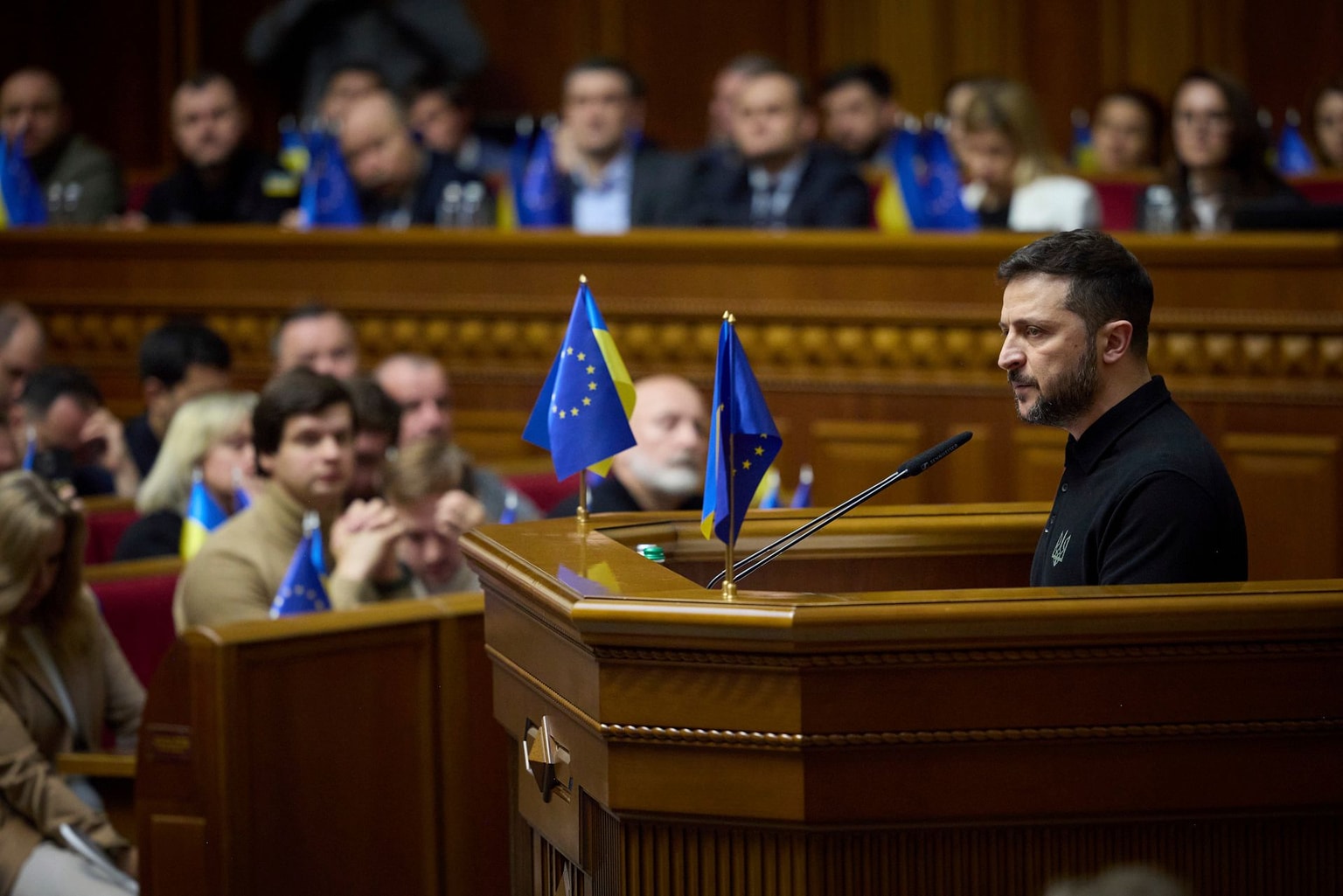 President Volodymyr Zelensky addresses parliamentarians at the Verkhovna Rada in Kyiv, Ukraine, on Oct. 16, 2024. 